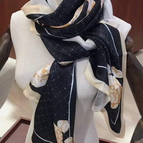 AUTHENTIC BLACK CHANEL LONG SILK SCARF - Picture 9 of 9